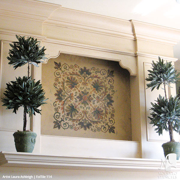 Leaves Vines Designs on Custom Painted Wall Tile Murals - Modello Custom Adhesive Vinyl Stencils