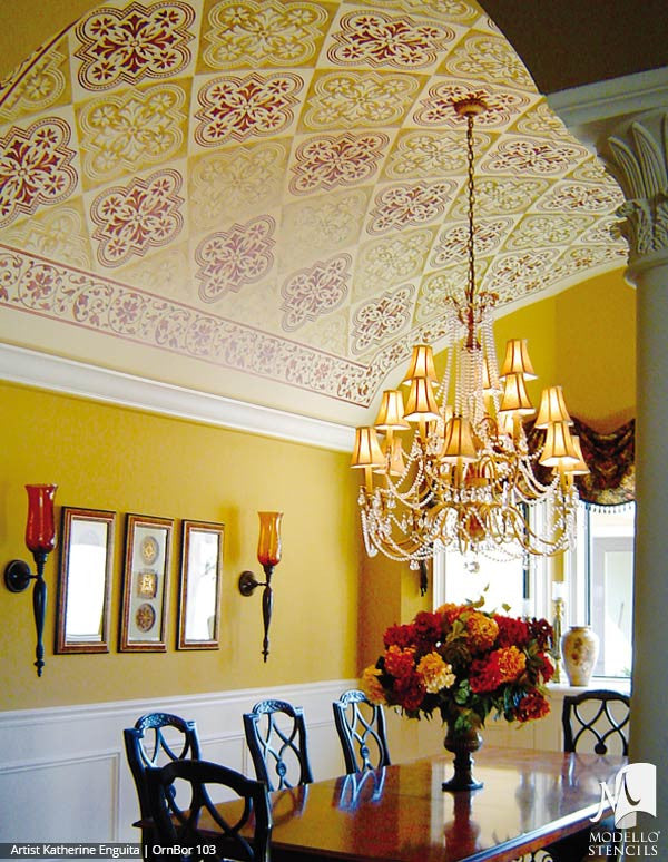 Floral Wall Art with Stenciled Border Designs - Modello Custom Vinyl Stencils