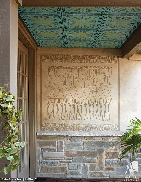 Exotic and Global Chic Decor Idea - Painted African Designs and Tribal Tile Stencils from Modello Custom Stencils